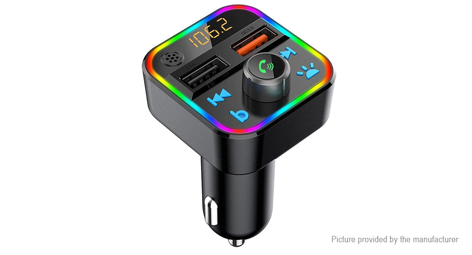 Wireless Music Stream Car Charger Bluetooth FM Transmitter with RGB Dancing light. This device releases stream music and call directly from your Bluetooth device to your car’s FM stereo system-NP-9951QUBTL Hannah's Variety Store