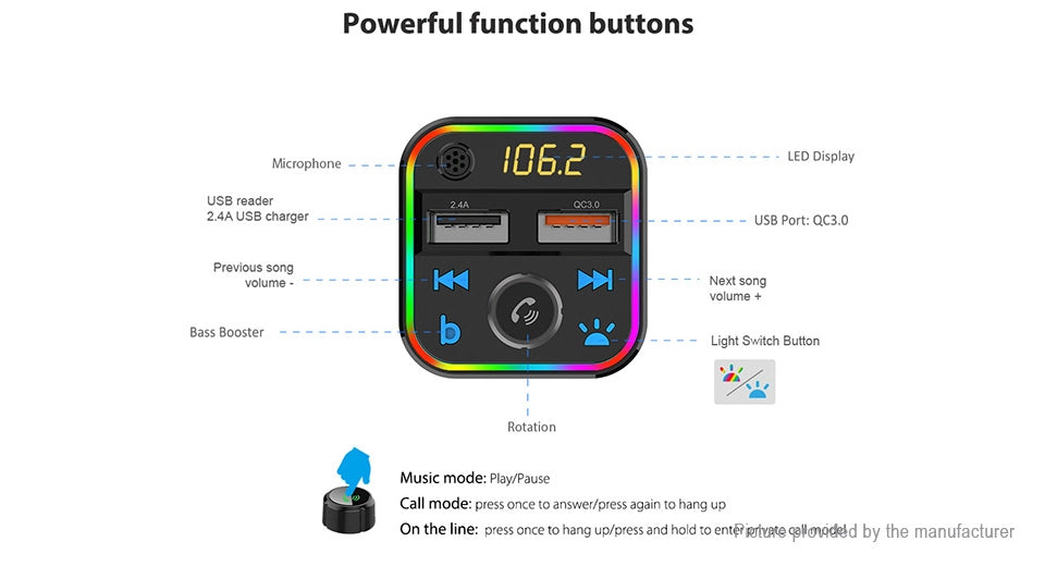 Wireless Music Stream Car Charger Bluetooth FM Transmitter with RGB Dancing light. This device releases stream music and call directly from your Bluetooth device to your car’s FM stereo system-NP-9951QUBTL Hannah's Variety Store