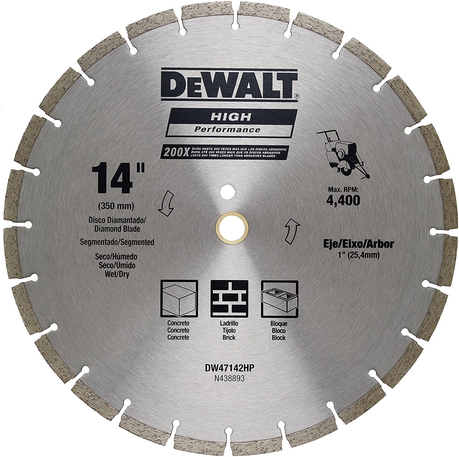 Dewalt Diamond Blade Segmented 14" (350MM) Wet/Dry Use for general purpose cutting of cured concrete, pavers, brick, block, bluestone, flagstone or any similar materials - DW47142HP MEGA