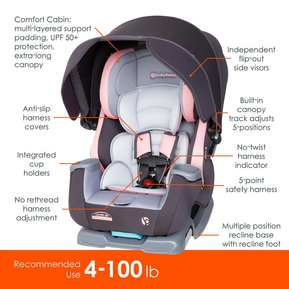 Baby Trend Cover Me 4 In 1 Convertible Car Seat Quartz Pink: integrated patented height and angle adjustable UPF 50+ canopy for full in-car shade protection - CV89D09B ebuystt
