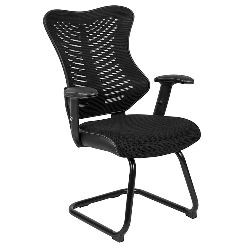Designer Black Mesh Sled Base Side Reception Chair with Adjustable Arms [BL-ZP-806C-GG] A-Z Store Nadia