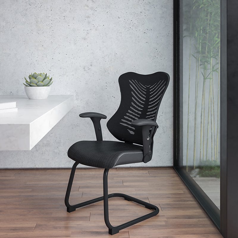 Designer Black Mesh Sled Base Side Reception Chair with Adjustable Arms [BL-ZP-806C-GG] A-Z Store Nadia