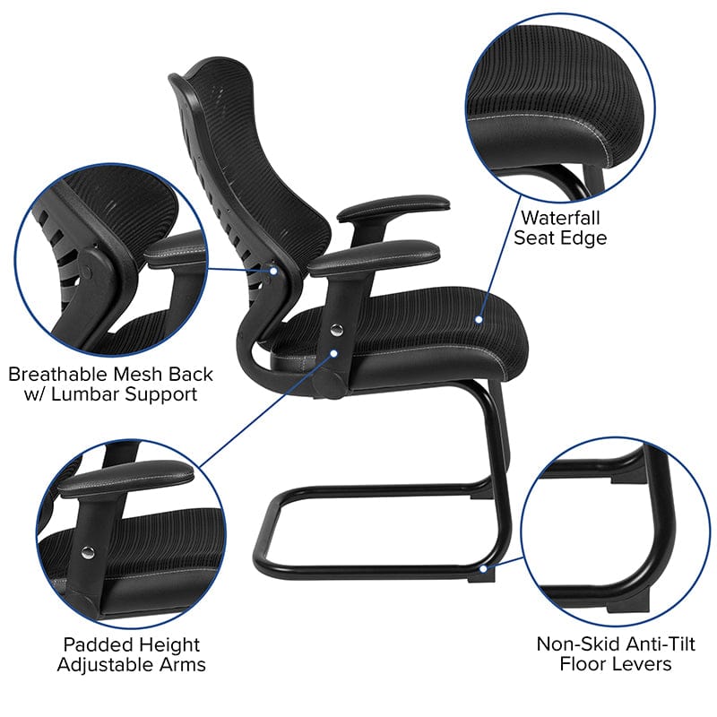 Designer Black Mesh Sled Base Side Reception Chair with Adjustable Arms [BL-ZP-806C-GG] A-Z Store Nadia