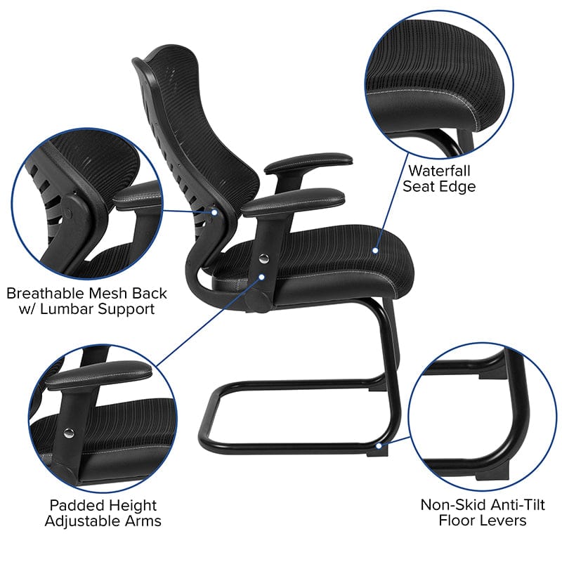 Designer Black Mesh Sled Base Side Reception Chair with Adjustable Arms [BL-ZP-806C-GG]