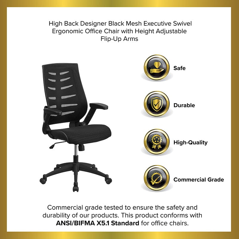 High Back Designer Black Mesh Executive Swivel Ergonomic Office Chair with Height Adjustable Flip-Up Arms [BL-ZP-809-BK-GG] A-Z Store Nadia