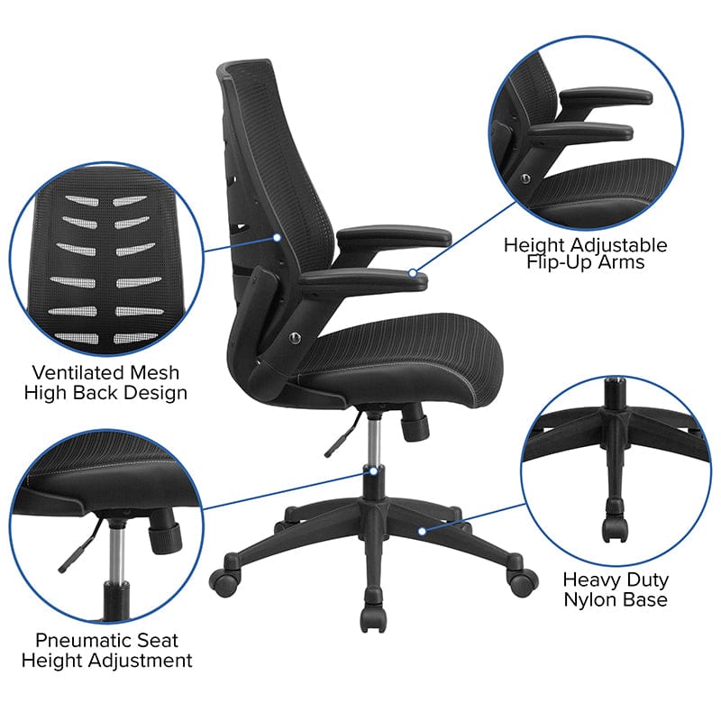 High Back Designer Black Mesh Executive Swivel Ergonomic Office Chair with Height Adjustable Flip-Up Arms [BL-ZP-809-BK-GG] A-Z Store Nadia