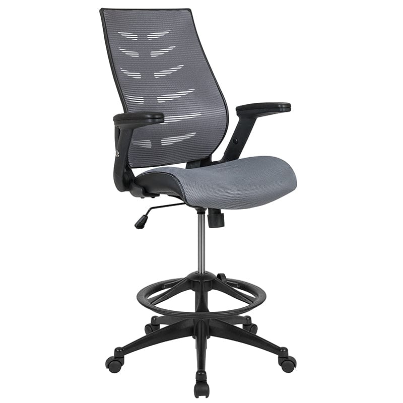 High Back Dark Gray Mesh Spine-Back Ergonomic Drafting Chair with Adjustable Foot Ring and Adjustable Flip-Up Arms [BL-ZP-809D-DKGY-GG] A-Z Store Nadia
