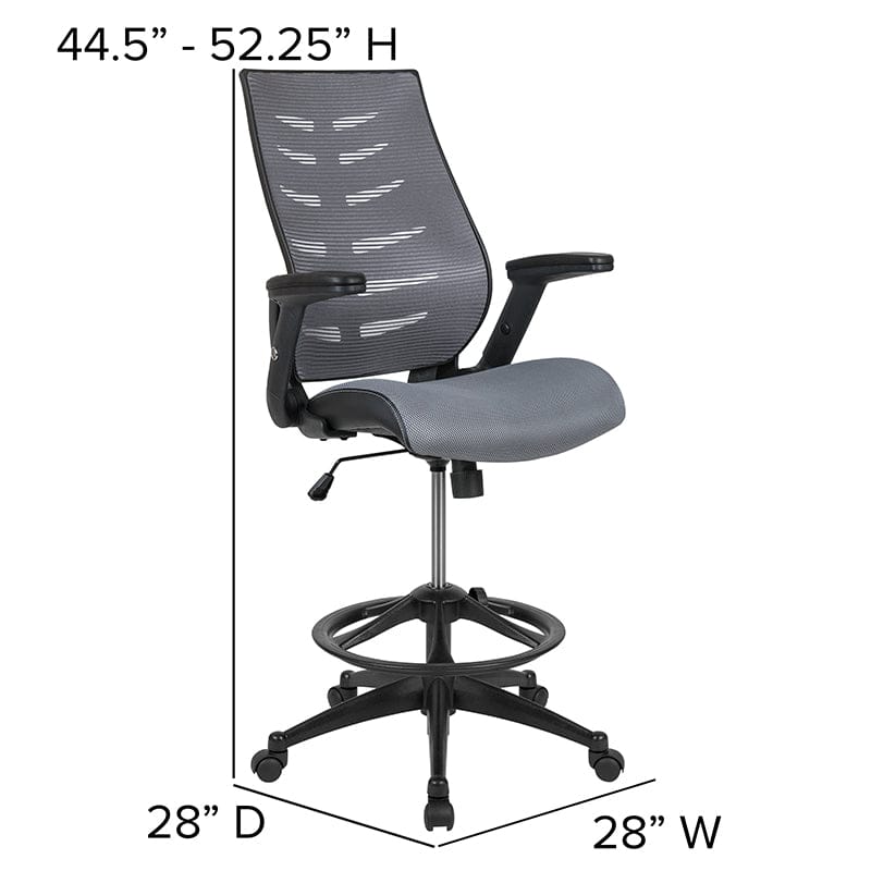 High Back Dark Gray Mesh Spine-Back Ergonomic Drafting Chair with Adjustable Foot Ring and Adjustable Flip-Up Arms [BL-ZP-809D-DKGY-GG] A-Z Store Nadia
