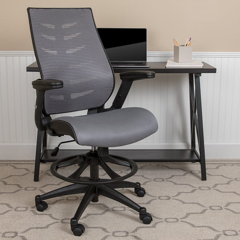 High Back Dark Gray Mesh Spine-Back Ergonomic Drafting Chair with Adjustable Foot Ring and Adjustable Flip-Up Arms [BL-ZP-809D-DKGY-GG] A-Z Store Nadia