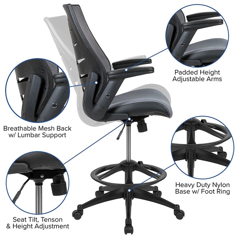 High Back Dark Gray Mesh Spine-Back Ergonomic Drafting Chair with Adjustable Foot Ring and Adjustable Flip-Up Arms [BL-ZP-809D-DKGY-GG] A-Z Store Nadia