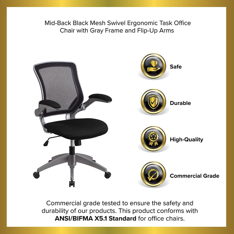 Mid-Back Black Mesh Swivel Ergonomic Task Office Chair with Gray Frame and Flip-Up Arms [BL-ZP-8805-BK-GG] A-Z Store Nadia
