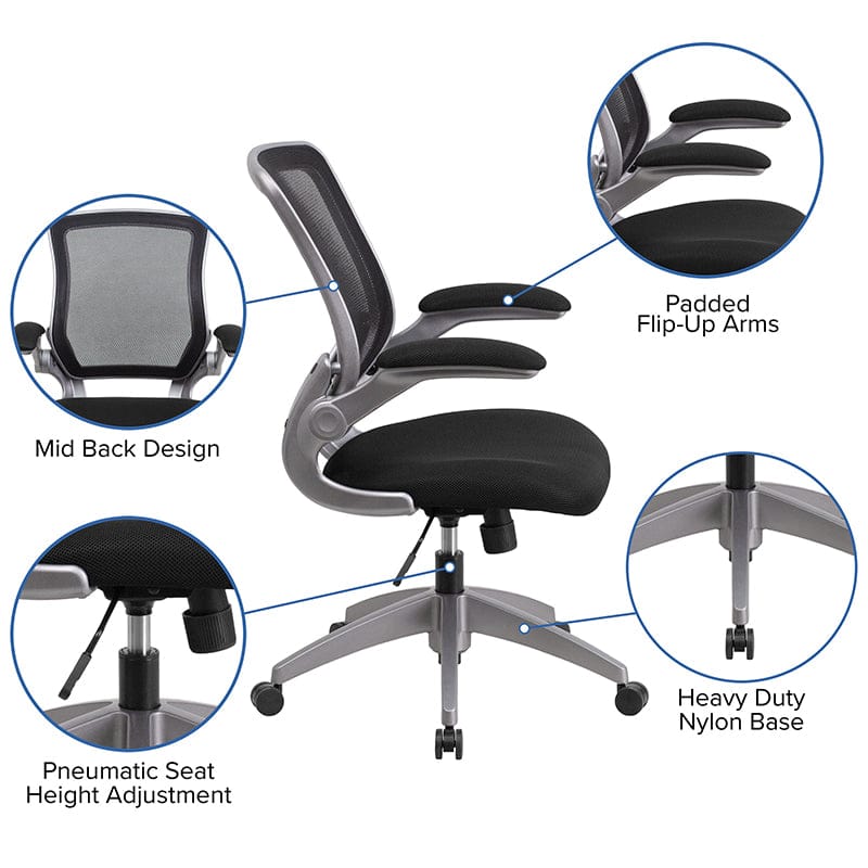 Mid-Back Black Mesh Swivel Ergonomic Task Office Chair with Gray Frame and Flip-Up Arms [BL-ZP-8805-BK-GG] A-Z Store Nadia