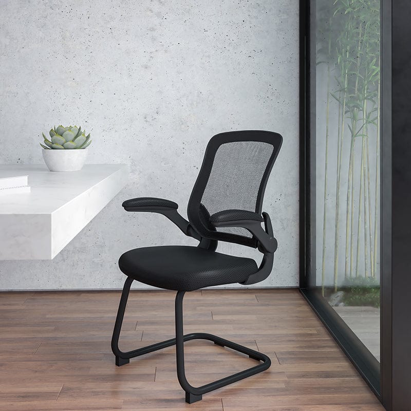 Black Mesh Sled Base Side Reception Chair with Flip-Up Arms [BL-ZP-8805C-GG] A-Z Store Nadia
