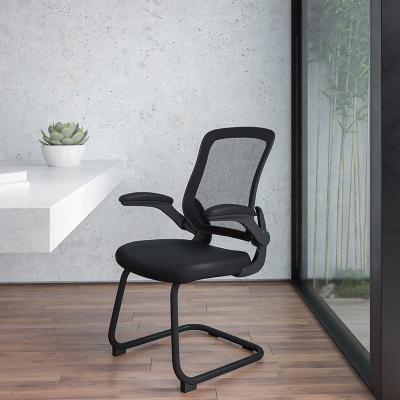 Black Mesh Sled Base Side Reception Chair with Flip-Up Arms [BL-ZP-8805C-GG]