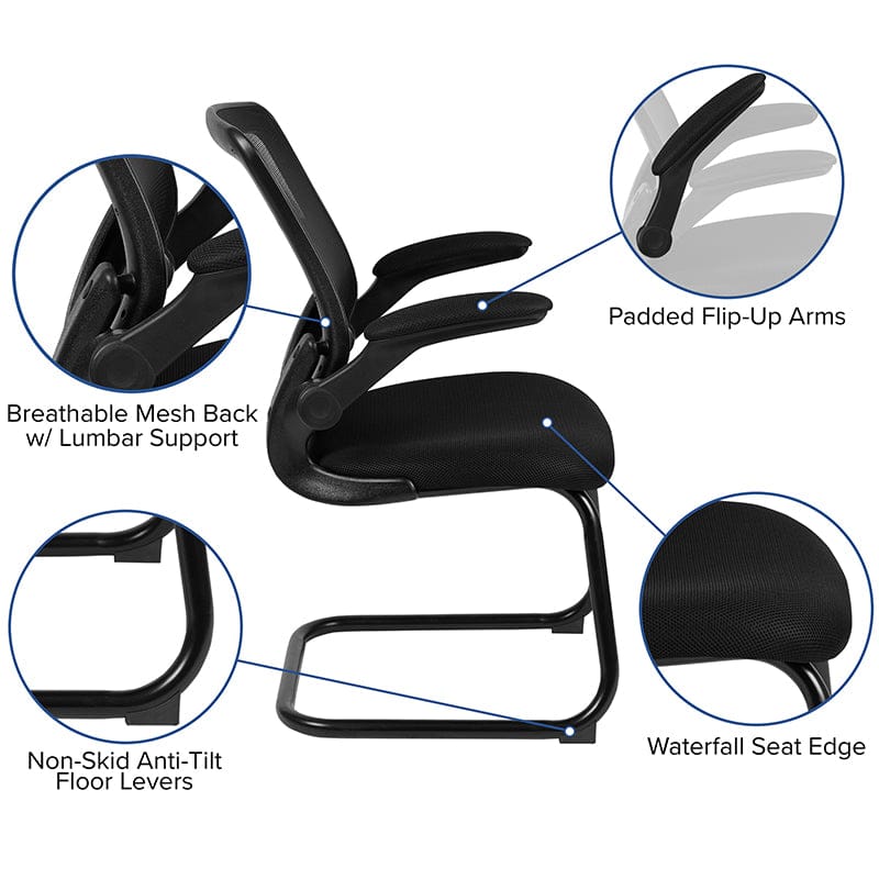 Black Mesh Sled Base Side Reception Chair with Flip-Up Arms [BL-ZP-8805C-GG] A-Z Store Nadia