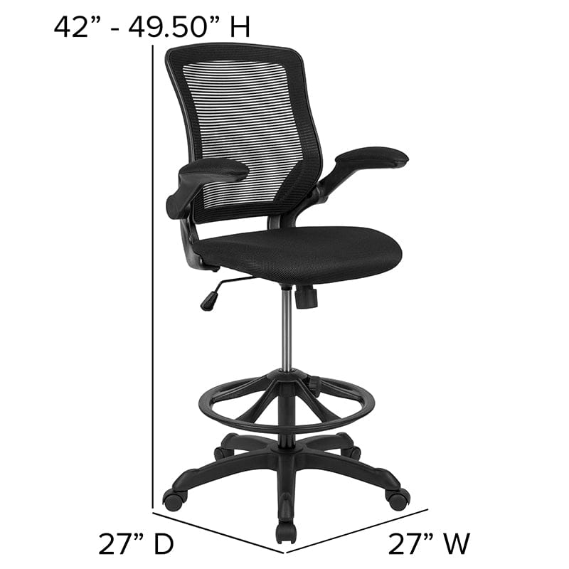 Mid-Back Black Mesh Ergonomic Drafting Chair with Adjustable Foot Ring and Flip-Up Arms [BL-ZP-8805D-BK-GG] A-Z Store Nadia