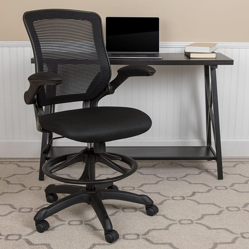 Mid-Back Black Mesh Ergonomic Drafting Chair with Adjustable Foot Ring and Flip-Up Arms [BL-ZP-8805D-BK-GG] A-Z Store Nadia