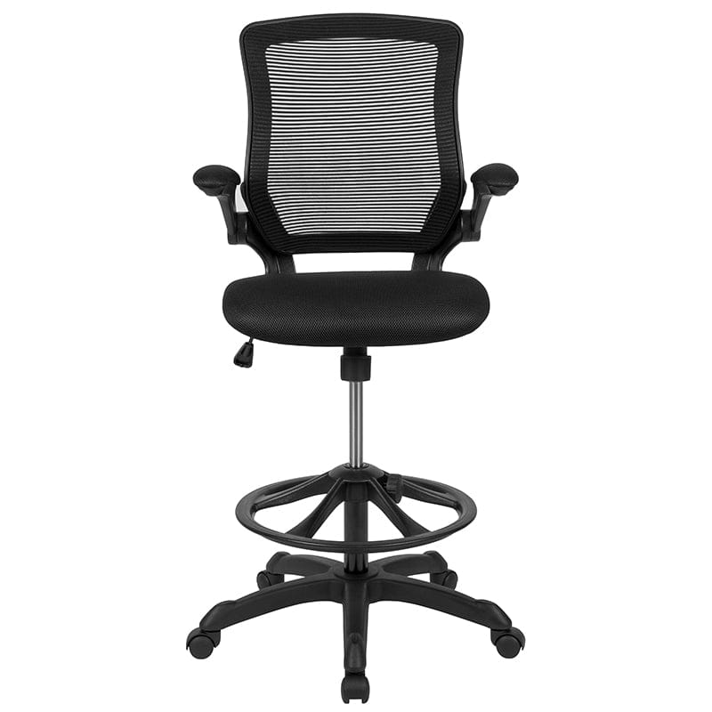 Mid-Back Black Mesh Ergonomic Drafting Chair with Adjustable Foot Ring and Flip-Up Arms [BL-ZP-8805D-BK-GG] A-Z Store Nadia