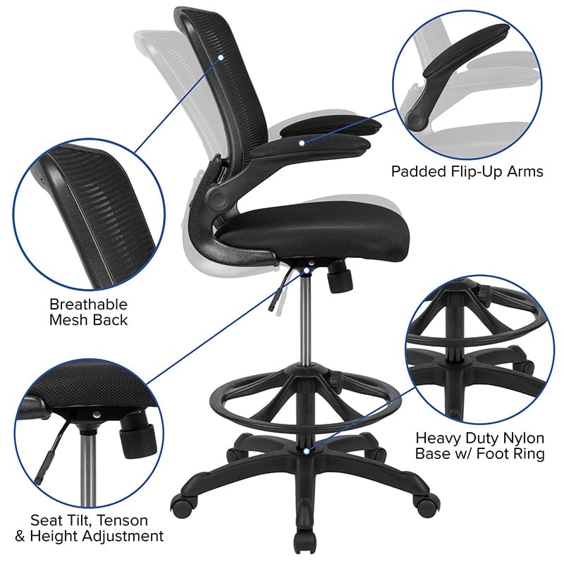Mid-Back Black Mesh Ergonomic Drafting Chair with Adjustable Foot Ring and Flip-Up Arms [BL-ZP-8805D-BK-GG] A-Z Store Nadia