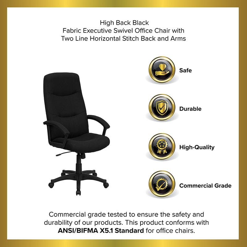 High Back Black Fabric Executive Swivel Office Chair with Two Line Horizontal Stitch Back and Arms [BT-134A-BK-GG]