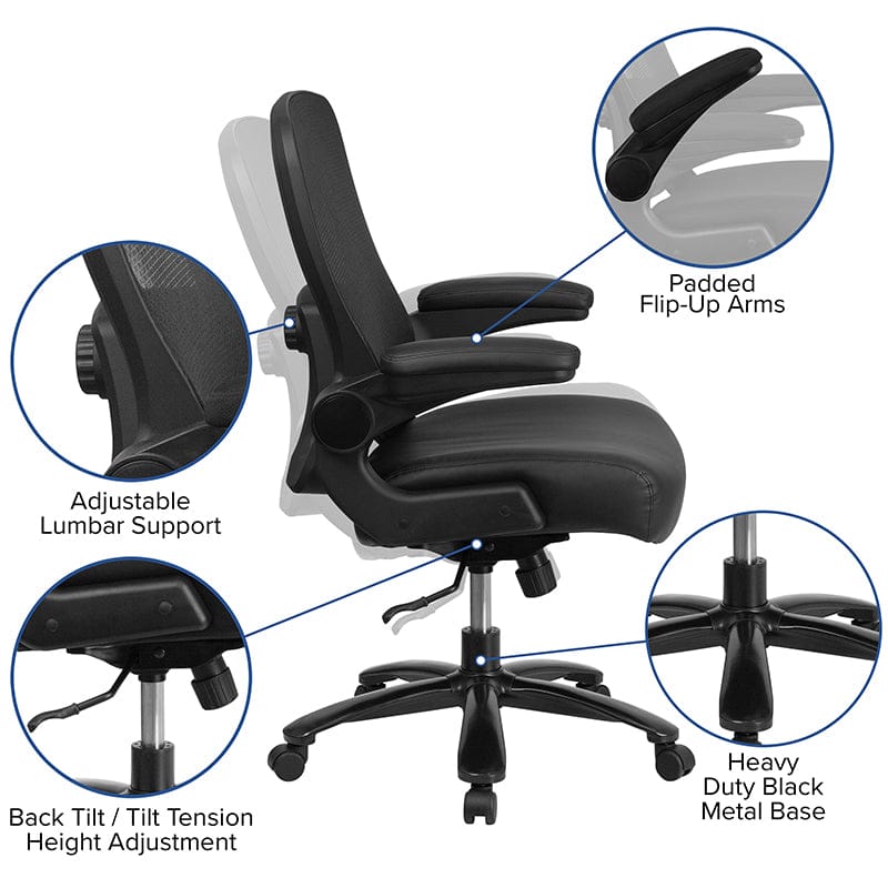 HERCULES Series Big & Tall 500 lb. Rated Black Mesh/LeatherSoft Executive Ergonomic Office Chair with Adjustable Lumbar [BT-20180-LEA-GG]