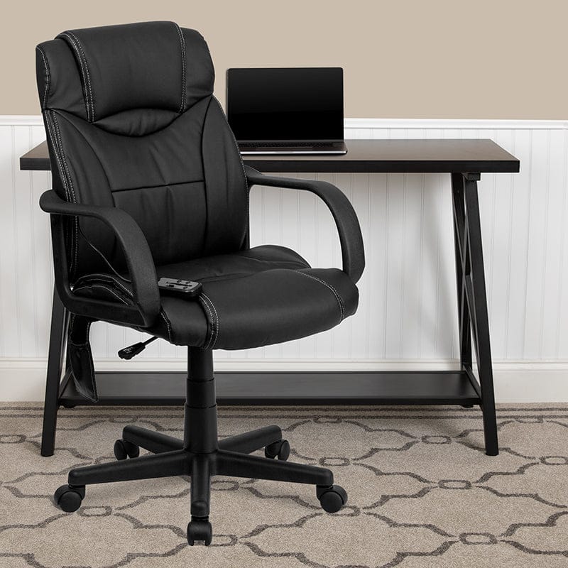 Mid-Back Ergonomic Massaging Black LeatherSoft Executive Swivel Office Chair with Arms [BT-2690P-GG] A-Z Store Nadia