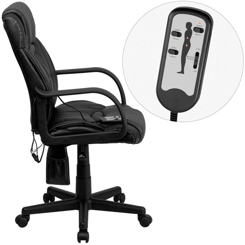 Mid-Back Ergonomic Massaging Black LeatherSoft Executive Swivel Office Chair with Arms [BT-2690P-GG] A-Z Store Nadia