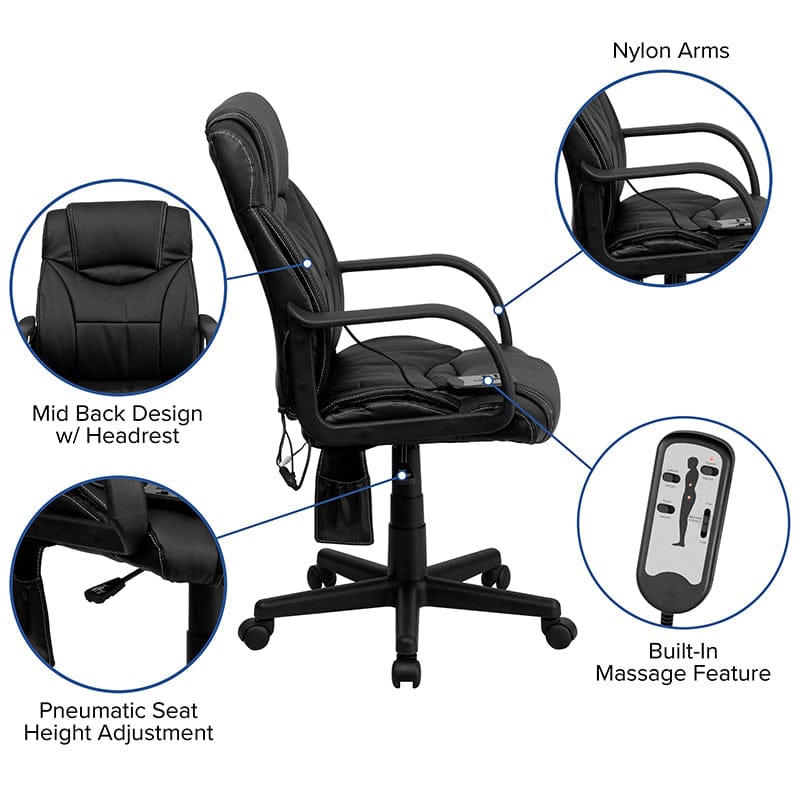 Mid-Back Ergonomic Massaging Black LeatherSoft Executive Swivel Office Chair with Arms [BT-2690P-GG] A-Z Store Nadia