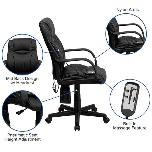 Mid-Back Ergonomic Massaging Black LeatherSoft Executive Swivel Office Chair with Arms [BT-2690P-GG] A-Z Store Nadia