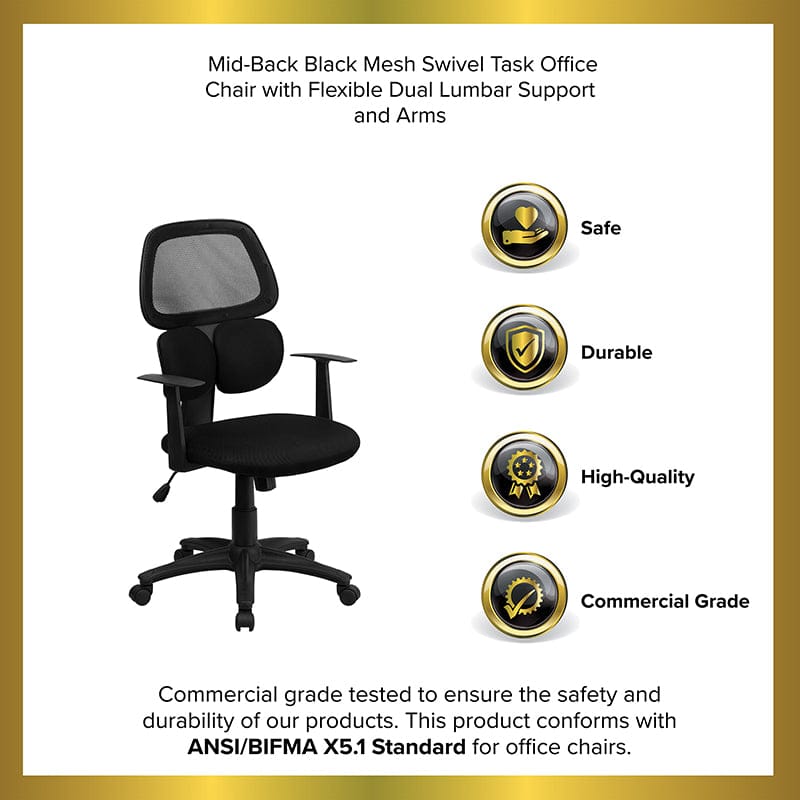 Mid-Back Black Mesh Swivel Task Office Chair with Flexible Dual Lumbar Support and Arms [BT-2755-BK-GG] Fl Furniture