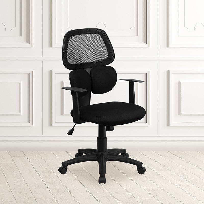 Mid-Back Black Mesh Swivel Task Office Chair with Flexible Dual Lumbar Support and Arms [BT-2755-BK-GG] Fl Furniture