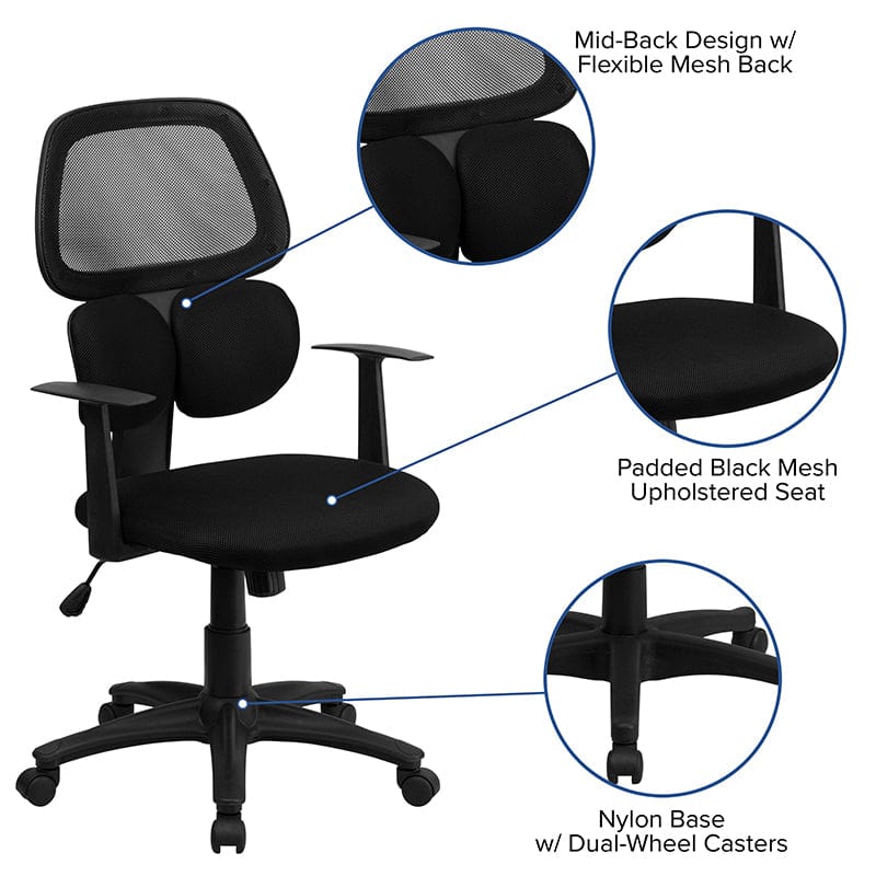 Mid-Back Black Mesh Swivel Task Office Chair with Flexible Dual Lumbar Support and Arms [BT-2755-BK-GG] Fl Furniture