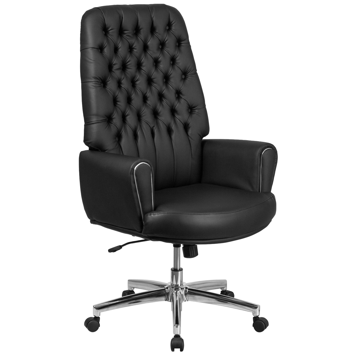 High Back Traditional Tufted Black LeatherSoft Executive Swivel Office Chair with Silver Welt Arms - BT-444-BK-GG Fl Furniture
