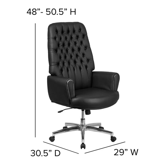 High Back Traditional Tufted Black LeatherSoft Executive Swivel Office Chair with Silver Welt Arms - BT-444-BK-GG Fl Furniture