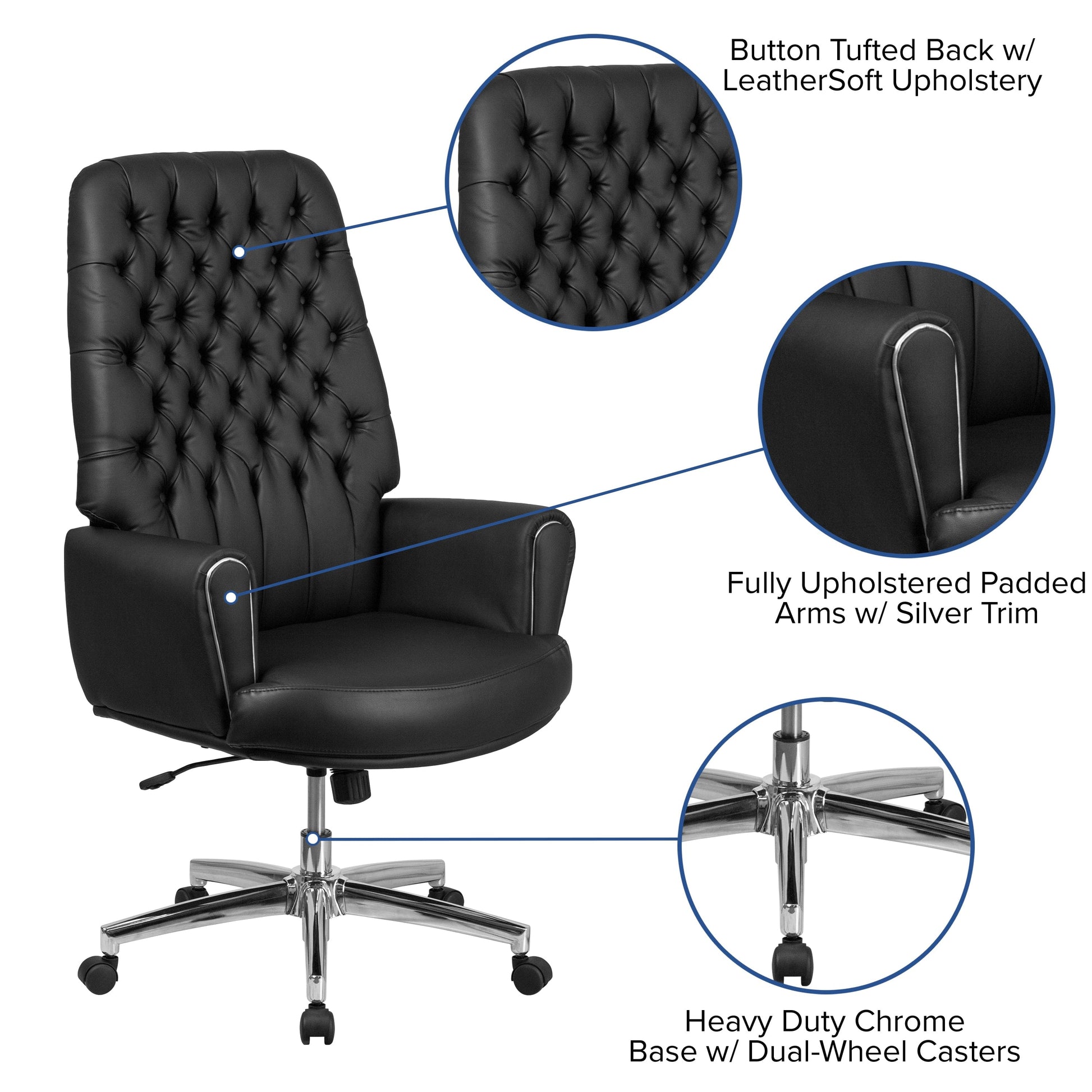 High Back Traditional Tufted Black LeatherSoft Executive Swivel Office Chair with Silver Welt Arms - BT-444-BK-GG Fl Furniture