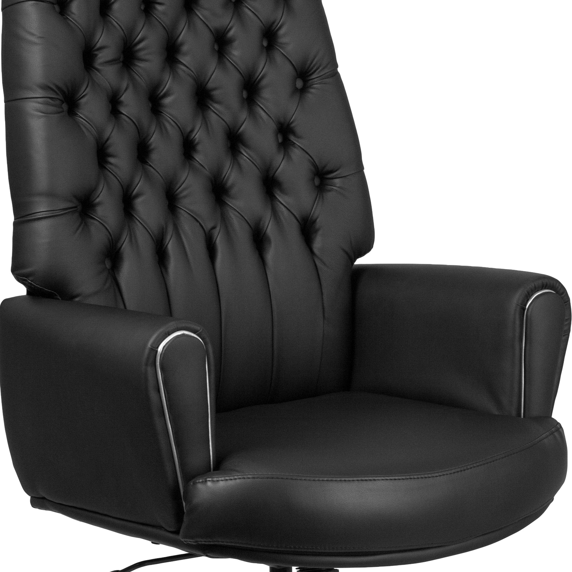 High Back Traditional Tufted Black LeatherSoft Executive Swivel Office Chair with Silver Welt Arms - BT-444-BK-GG Fl Furniture