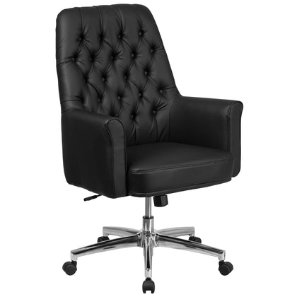Mid-Back Traditional Tufted Black LeatherSoft Executive Swivel Office Chair with Arms - BT-444-MID-BK-GG