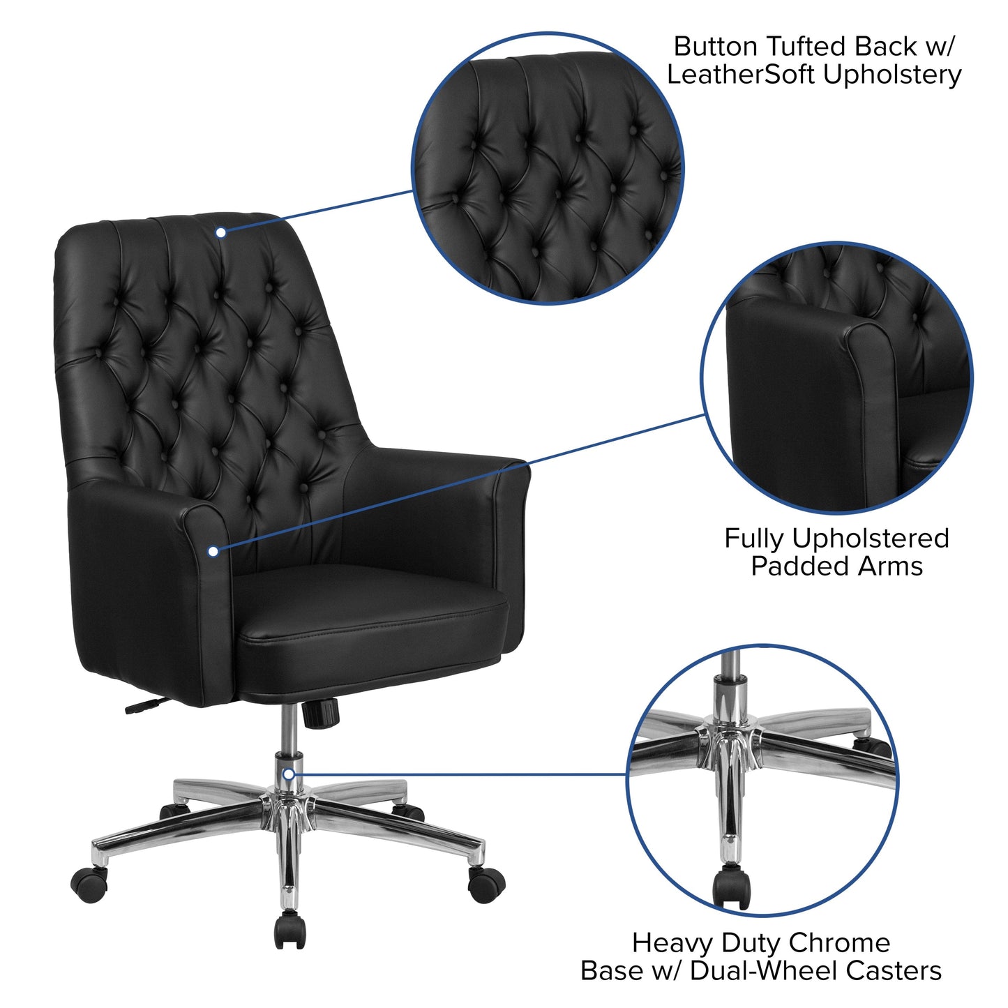 Mid-Back Traditional Tufted Black LeatherSoft Executive Swivel Office Chair with Arms - BT-444-MID-BK-GG A-Z Store Nadia