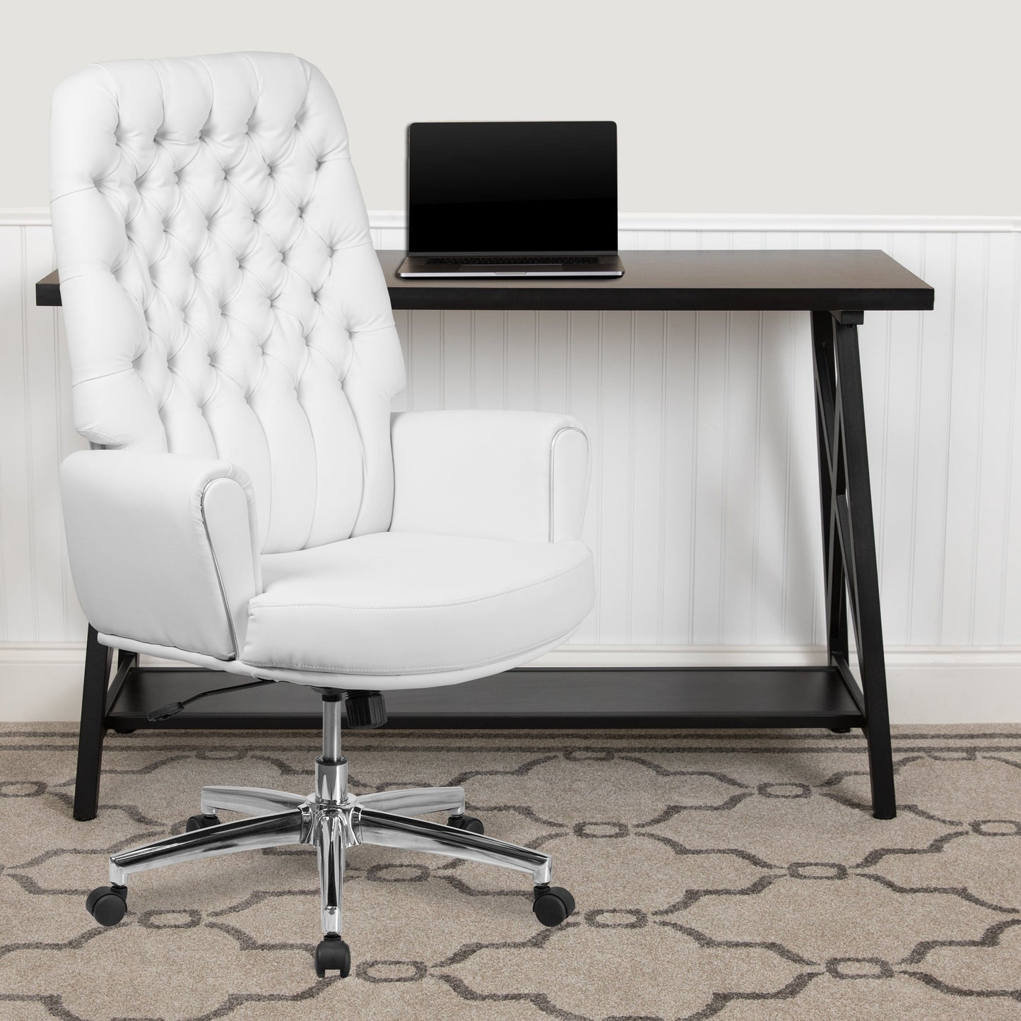 High Back Traditional Tufted Black LeatherSoft Executive Swivel Office Chair with Silver Welt Arms - BT-444-BK-GG Fl Furniture
