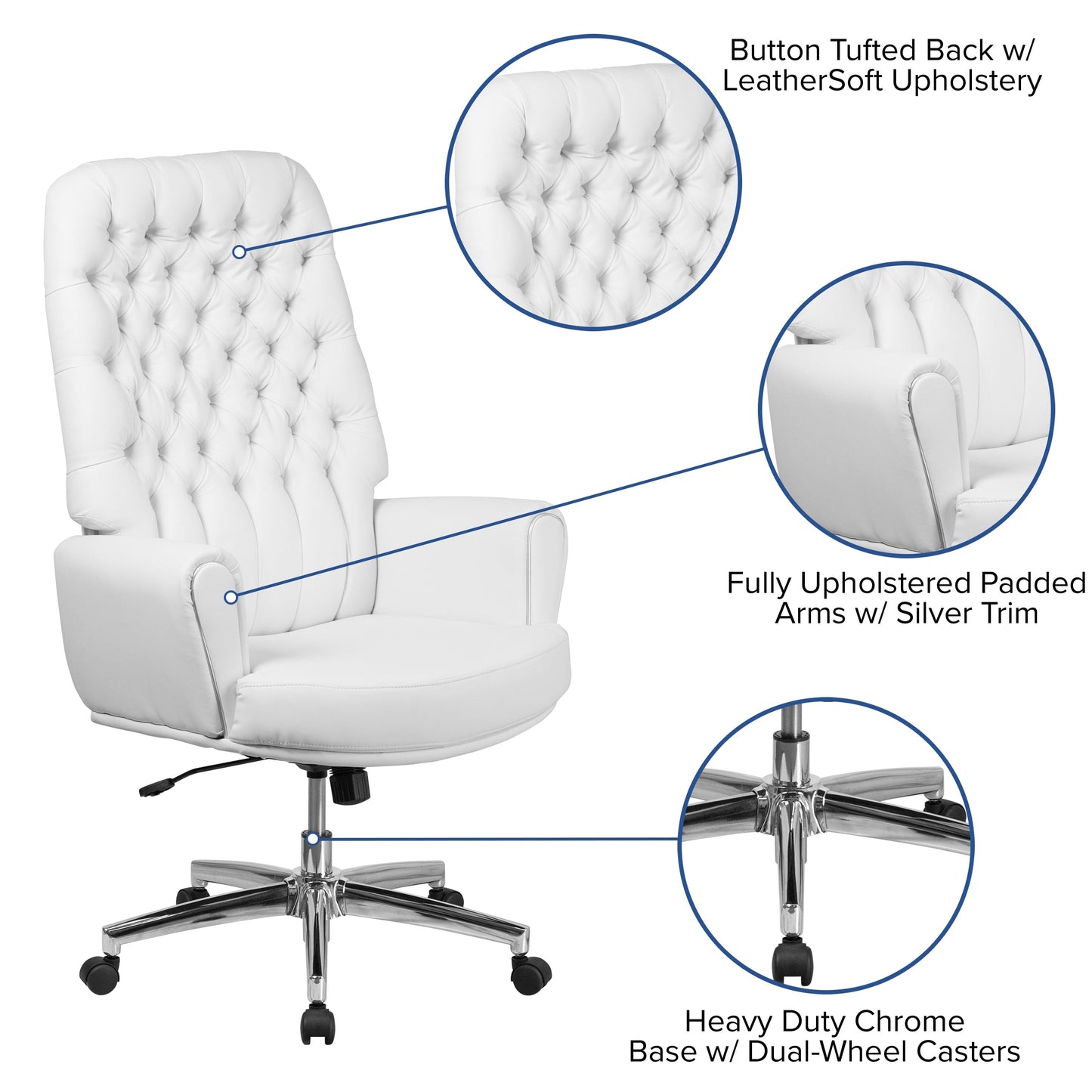 High Back Traditional Tufted Black LeatherSoft Executive Swivel Office Chair with Silver Welt Arms - BT-444-BK-GG Fl Furniture
