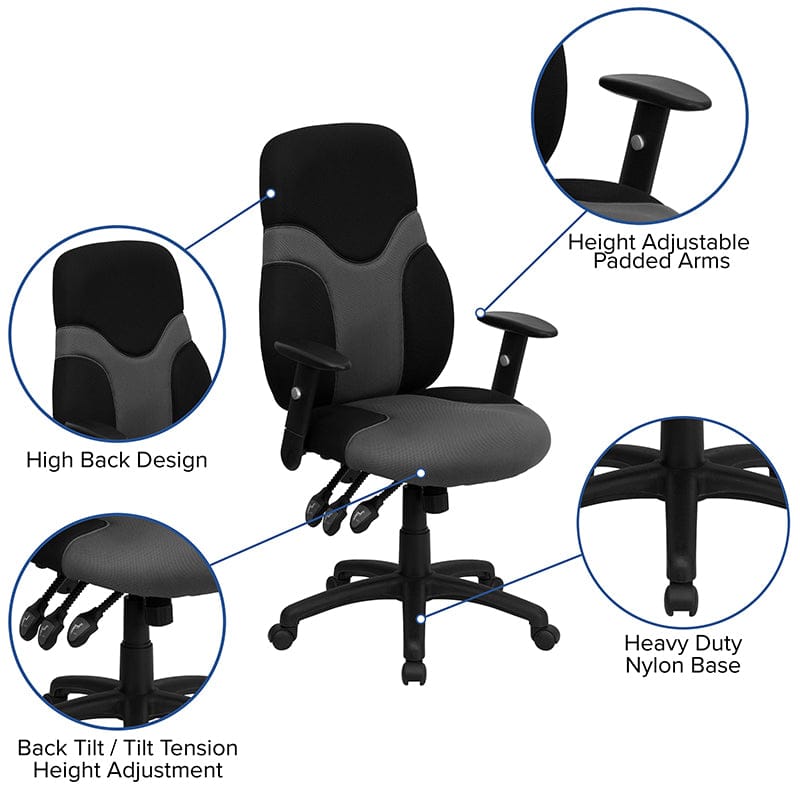 High Back Ergonomic Black and Gray Mesh Swivel Task Office Chair with Adjustable Arms - BT-6001-GYBK-GG A-Z Store Nadia