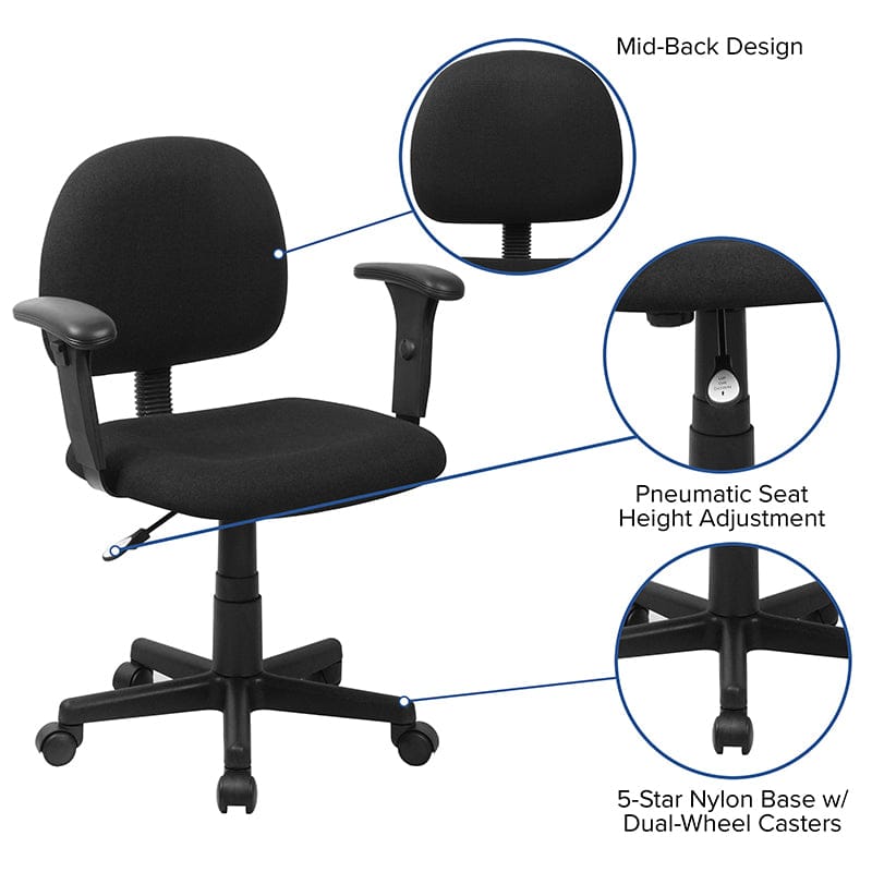 Mid-Back Black Fabric Swivel Task Office Chair with Adjustable Arms - BT-660-1-BK-GG A-Z Store Nadia