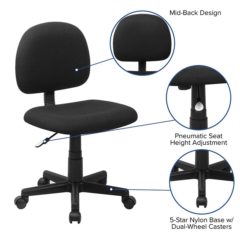 Mid-Back Black Fabric Swivel Task Office Chair - BT-660-BK-GG A-Z Store Nadia