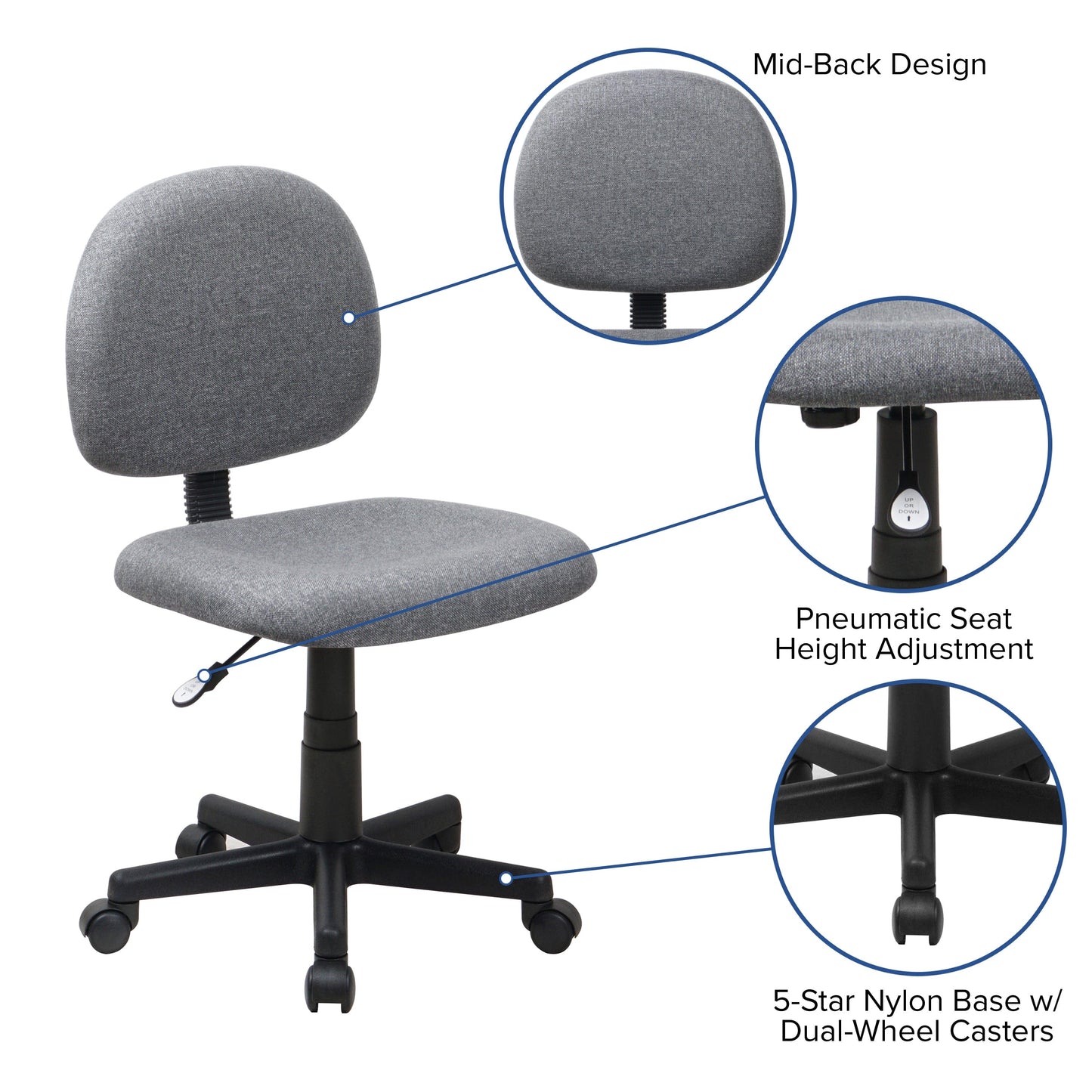 Mid-Back Black Fabric Swivel Task Office Chair - BT-660-BK-GG A-Z Store Nadia