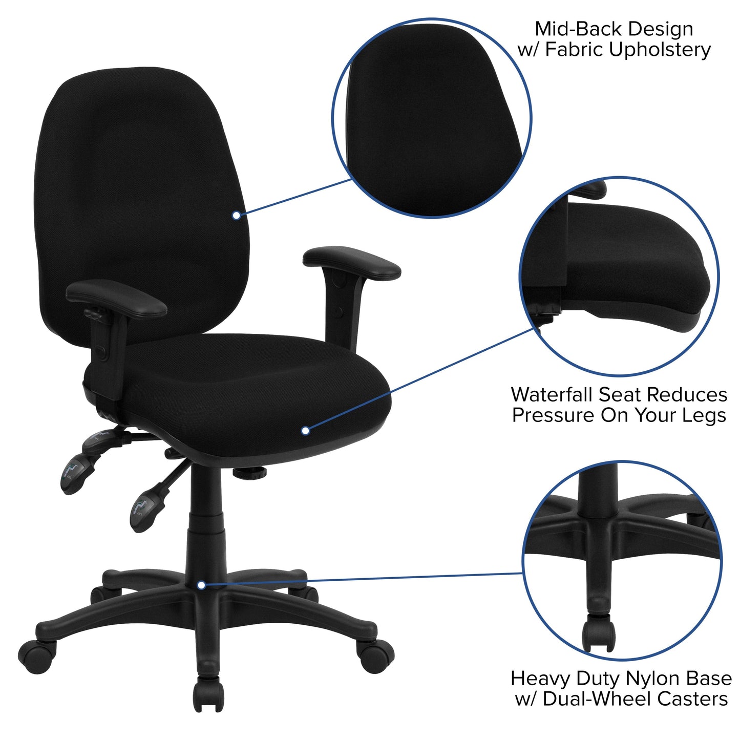 Mid-Back Black Fabric Multifunction Executive Swivel Ergonomic Office Chair with Adjustable Arms - BT-662-BK-GG A-Z Store Nadia