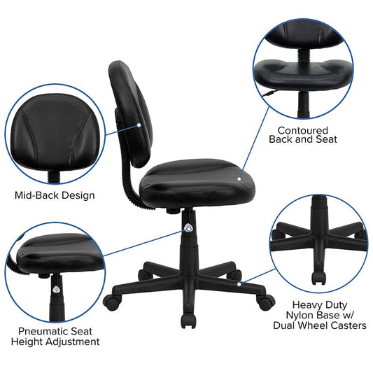 Mid-Back Black LeatherSoft Swivel Ergonomic Task Office Chair with Back Depth Adjustment - BT-688-BK-GG A-Z Store Nadia