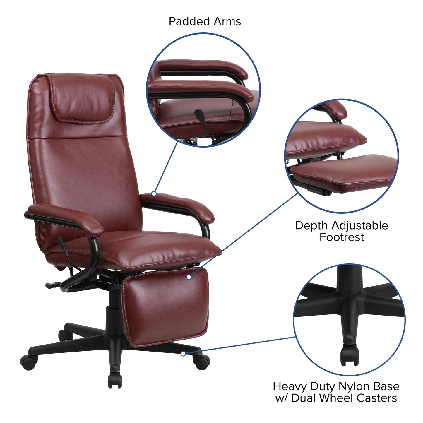 High Back Burgundy LeatherSoft Executive Reclining Ergonomic Swivel Office Chair with Arms - BT-70172-BG-GG A-Z Store Nadia