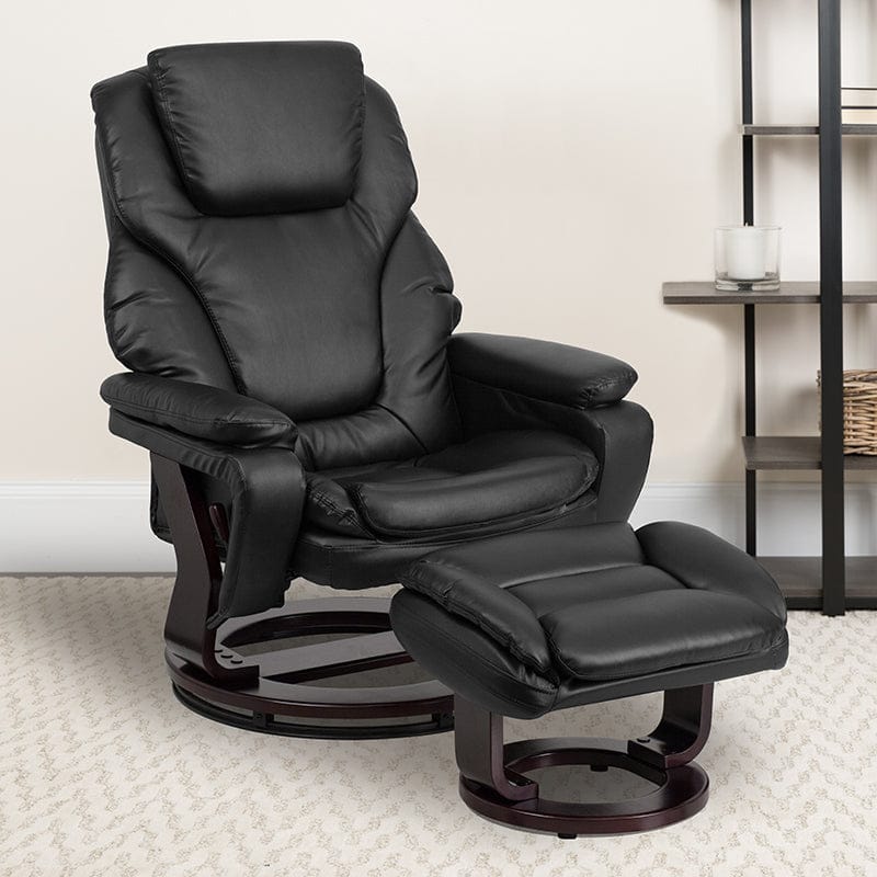 Contemporary Multi-Position Recliner and Ottoman with Swivel Mahogany Wood Base in Black LeatherSoft - BT-70222-BK-FLAIR-GG A-Z Store Nadia