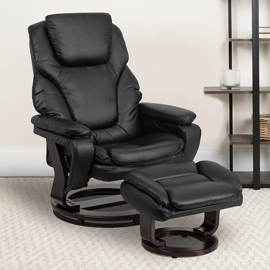 Contemporary Multi-Position Recliner and Ottoman with Swivel Mahogany Wood Base in Black LeatherSoft - BT-70222-BK-FLAIR-GG A-Z Store Nadia