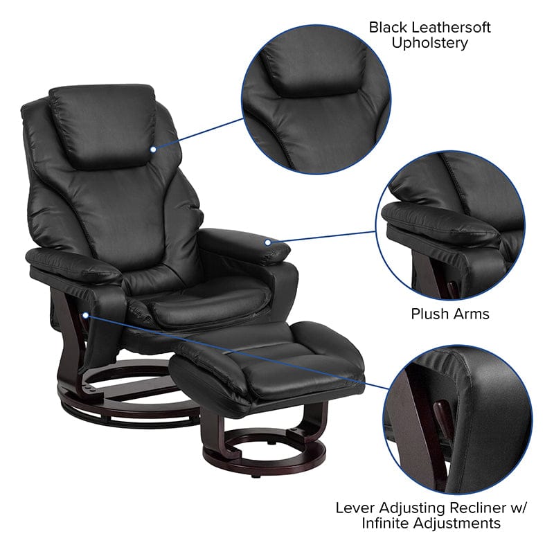 Contemporary Multi-Position Recliner and Ottoman with Swivel Mahogany Wood Base in Black LeatherSoft - BT-70222-BK-FLAIR-GG A-Z Store Nadia
